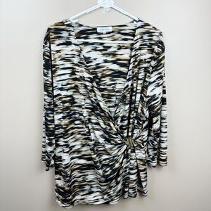 Calvin Klein Black and Brown Faux Wrap Blouse With Gold Embellishment
